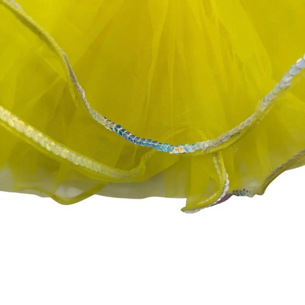 Weissman Yellow Rhinestone Sequin Tulle Dance Costume Dress & Hair Bow sz XS C